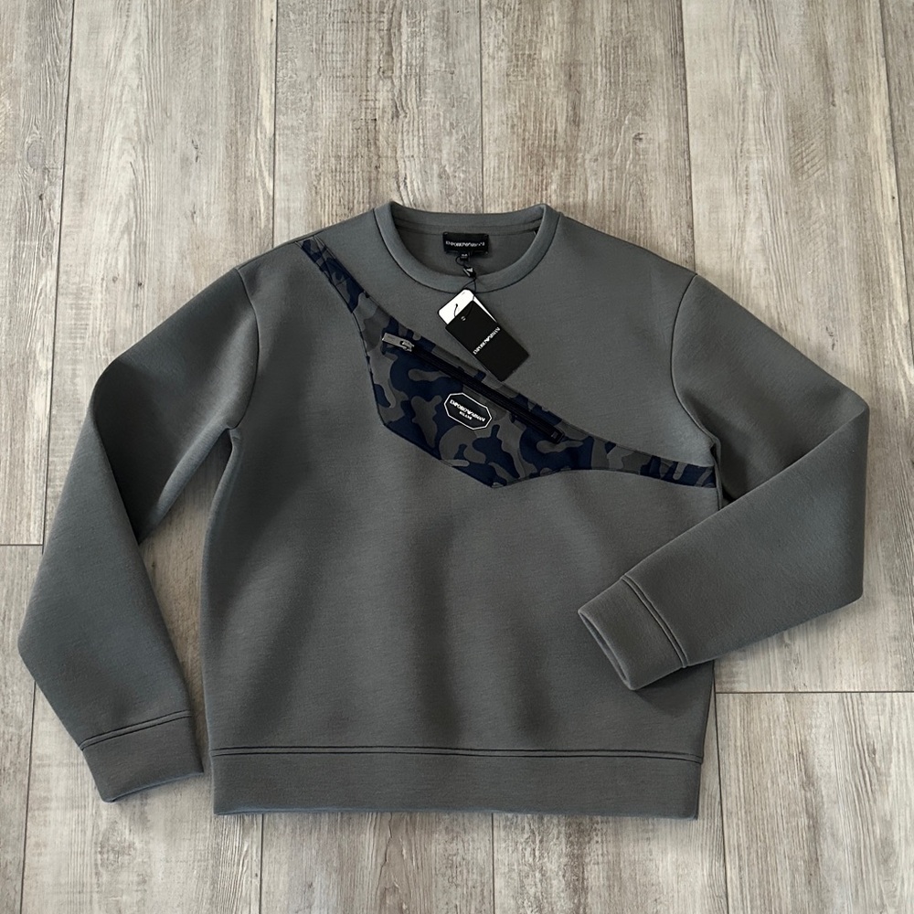 Emporio Armani Dark Gray Crewneck Sweater with Blue Camouflage Accent ( Kids )